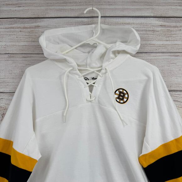 NHL GIII 4Her Boston Bruins Tie Front Hoodie Womens White Black Yellow Striped - Picture 3 of 11
